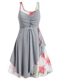 Plus Size Floral Chiffon Dress And Asymmetrical Ripped Top Set