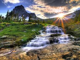 mountain waterfall sunrise earth