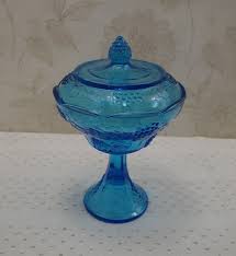 Vintage Blue Glass Pedestal Lidded Bowl