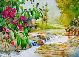 An Original Watercolor Painting Inspired By A Beautiful Spring Scene In  Thailand. Stock Photo, Picture And Royalty Free Image. Image 7916289.