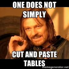 One does not simply Cut and paste tables - Does not simply walk ... via Relatably.com