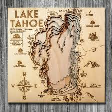 Lake Tahoe Wood Map Laser Etched Nautical Chart