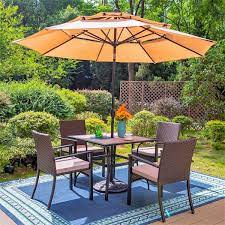 Phi Villa Black 6 Piece Metal Square Table Patio Outdoor Dining Set With Beige Umbrella And Rattan Chairs With Beige Cushion