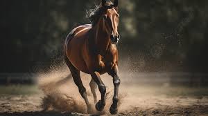 horse running through a dirt field with
