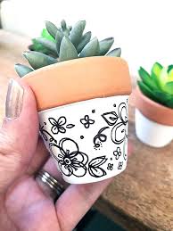 mini hand drawn art clay pot planter
