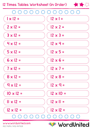 12 times tables worksheets in order