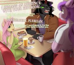 2481719 - safe, artist:evehly, derpibooru import, fluttershy, king sombra,  oc, anthro, pegasus, pony, unicorn, alternate hairstyle, angry, breakfast,  clothes, coat, coffee, coffee mug, commission, crepe, dialogue, diner,  fangs, female, food, fork, glowing