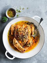 Remove the chicken from the oven and let rest for 10 minutes in the pan. Green Tabasco And Coriander Butter Roasted Chicken Donna Hay