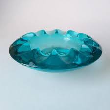 Vintage Blue Glass Ashtray 60s Retro