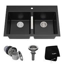 Handles kitchen faucets are available with either one or two handles. Kraus Granite Dual Mount 33 In X 22 In Black Onyx Double Equal Bowl 1 Hole Kitchen Sink In The Kitchen Sinks Department At Lowes Com