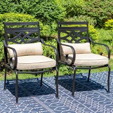 Phi Villa 7 Piece Metal Outdoor Dining Set With Slat Table Top And Cast Iron Pattern Chairs With Beige Cushions