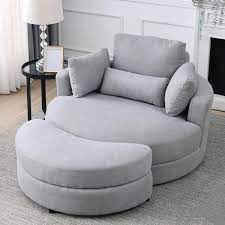 Magic Home 51 In Swivel Accent Barrel Sofa Linen Fabric Lounge Club Big Round Chair With Storage Ottoman And Pillows Light Gray