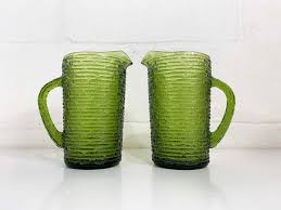 Green Glass Pitchers Textured Ribbed