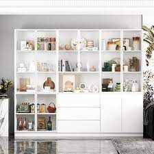 Fufu Gaga 78 7 In Tall White Wood 13 Shelf Standard Bookcase Bookshelf With Tempered Glass Doors Cabinet Drawers And Open Shelf