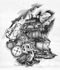 Attractive Black And Grey Pirate Ship Tattoo Design
