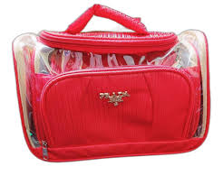 plain red prada 2 pocket makeup bag