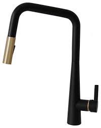 We stock touchless kitchen faucets, pull down kitchen faucets & more. Modern Single Handle Pull Down Sprayer Kitchen Faucet In Matte Black Gold Finish Transitional Kitchen Faucets By Stylish International Inc Houzz