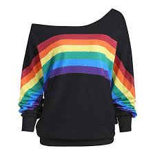 Perfurm Womens Casual Rainbow Print Off Shoulder Shirt Plus Size Sweatshirt Colorful Baggy Tops Cute Striped Pullover