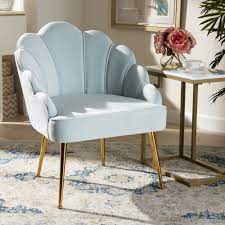 Light blue chair for bedroom. Light Blue Upholstered Accent Chair With Seashell Shaped Back Blue Accent Chairs Blue Velvet Chairs Blue And Gold Bedroom