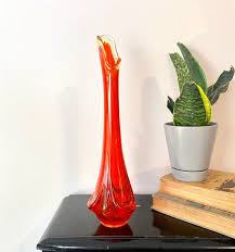 Viking Swung Red Orange Glass Mcm Vase