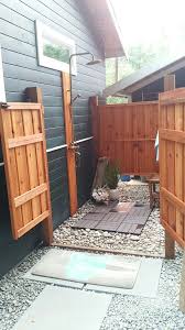 Considering an outdoor shower wood base can be a good choice if you want to do it yourself. Weekend Diy Outdoor Shower Outdoor Bathroom What A Great Way To Shower At The Cabin At The End Outdoor Bathroom Design Outdoor Bathrooms Outside Showers