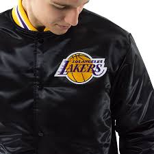 A chic black satin jacket from the 1940s. Mitchell And Ness Nba Satin Jacket Los Angeles Lakers Black Los Angeles Lakers Clothes Accesories Jackets Spring Fall Jackets Clothes Accesories Jackets Winter Jackets