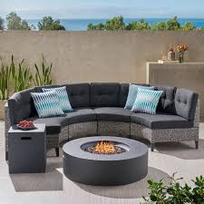 Noble House Navagio 6 Pc Mixed Black Wicker Half Round Sofa Set With Dark Grey Fire Table