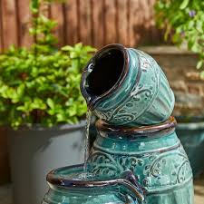 Glitzhome 27 25 In H 4 Tier Turquoise Embossed Pattern Outdoor Ceramic Pots Fountain With Pump And Led Light