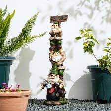 Glitzhome 25 5 H Polyresin Stacked Riding Gnome Garden Statue With Solar Powered Light
