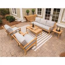 Royal Teak Collection Coastal Deep Seating 6 Piece Teak Patio Conversation Set With Seating Rectangular Coffee Table Square Side Tables Spa
