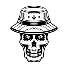 skull in bucket hat with leaf