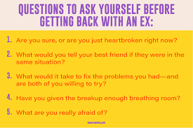 We all love to talk about ourselves, but making time to speak a few words about each other is a great way to rekindle sweet feelings in most any relationship! 5 Questions To Ask Yourself Before Getting Back Together With An Ex