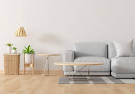 Gray Sofa In White Living Room Interior