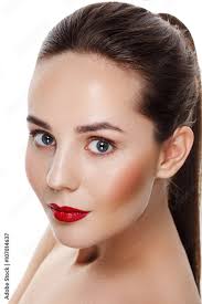 young brunette model with red lips