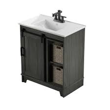 D bath vanity in grain white with marble vanity top in carrara white with white basin Twin Star Home 30 In D X 18 In W X 34 In Barn Door Bath Vanity In Geneva Oak W Vanity Top In White And White Basin 30bv34004 Po130 The Home Depot