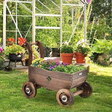 Decorative Wagon Cart Plant Flower Pot Stand Wooden Raised Garden 27 X 15 X 21 L X W X H