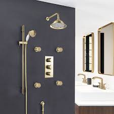 Vivid slimline wall shower system (brushed gold). Shop Brushed Gold Lima Thermostatic Shower System With Concealed Mixer At Bathselect