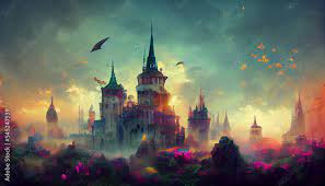 fantasy magic castle at dawn in fog