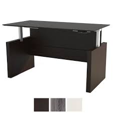 Rectangular walnut/black standing desk with adjustable height feature. Medina Electric Height Adjustable Height Standing Desk Panel Casing