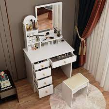 fufu a 5 drawers white makeup vanity sets dressing table sets with stool mirror led light and 3 tier storage shelves