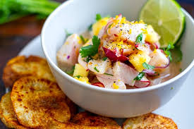 fish ceviche with pineapple yam chips