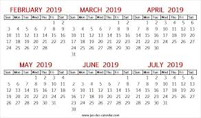 6 Month Calendar February To July 2019 Six Month Calendar