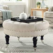 Tailored pleated skirt conceals an open shelf for hiding remotes, serving trays and magazines. Amazon Com 24kf Large Round Upholstered Tufted Button Linen Ottoman Coffee Table Large Footrest Bench With Caters Rolling Wheels Ivory Furniture Decor