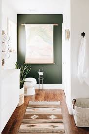 Green Accent Walls Wood Floor Bathroom