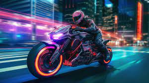 motorcycle neon street cyberpunk sci fi