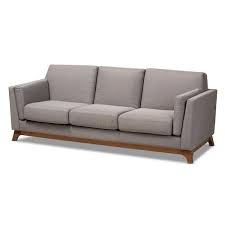 baxton studio sava mid century modern grey fabric upholstered walnut wood 3 seater sofa