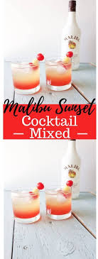 This easy to make layered drink is a sweet blend of coconut rum, pineapple, and grenadine. Malibu Sunset Cocktail Mixed Drinks Drink Cocktail Drink Drinks Malibu Mixed Sunset New Mixed Drinks Cocktails Mixed Drinks Rum Drinks Recipes