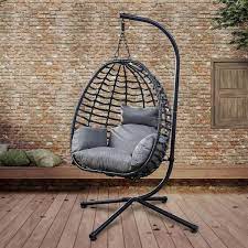 Btmway Indoor Outdoor Lounge Egg Chair Hammock Pe Wicker Outdoor Hanging Chair Patio Swing Chair With Stand Gray Cushion