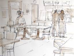 Creative drawing of a group of people inside a restaurant, restaurant  chairs and tables, a person sitting on a chair, hand drawing, sketch,  drawing characters with a pencil - Photo #60700 -
