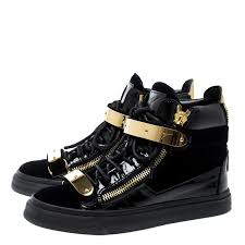 Giuseppe Zanotti Navy Blue Black Velvet And Leather Coby High Top Sneakers Size 36